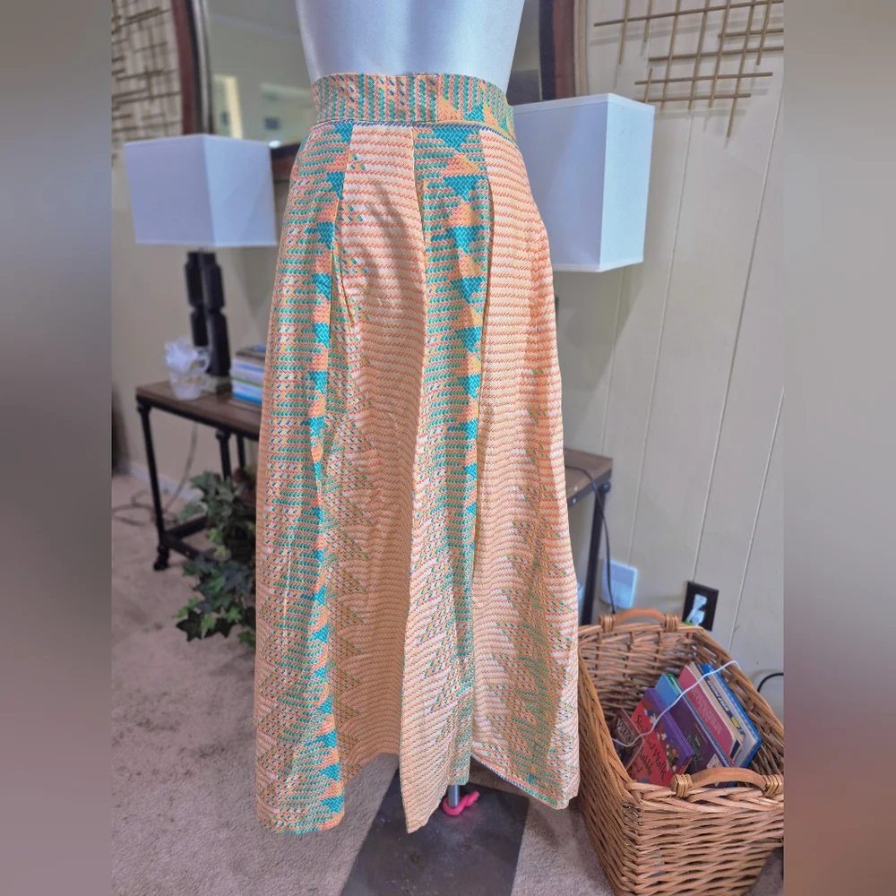 Peach and Teal Pleated Long A-line Skirt Modest Aztec Southwest Print - Picture 3 of 13